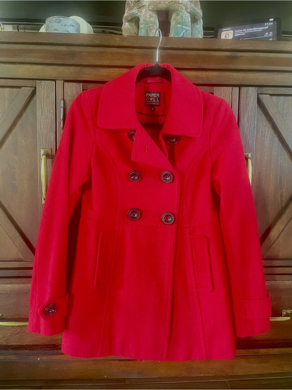 paper doll Bright Red Double-Breasted Pea Coat